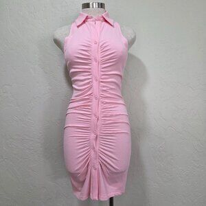 Pink Bodycon Ribbed Halter Button Down Dress